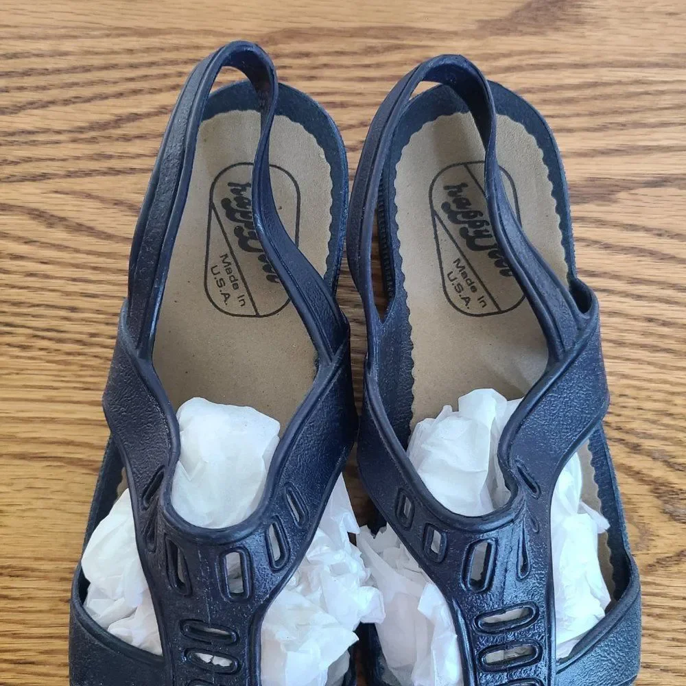 Vintage Women's Happy Feet Navy T-Strap Sandals Size 24 CM ~7 US Made Corona, CA